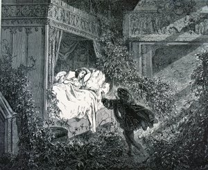 O príncipe entrando no quarto da princesa no castelo encantado, ilustração de "A bela adormecida" de Charles Perrault (1628-1703) de Gustave Dore