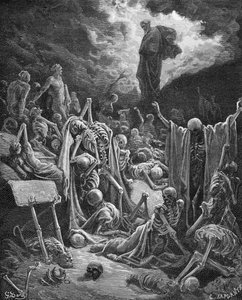 A Visão do Vale dos Ossos Secos, Ezequiel 37: 1-2, ilustração da "Bíblia Sagrada" de Dore, gravada por C. Laplante (d.1903) 1866