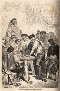 A arma baratero da navaja, exigindo o barato, homenagem que ele arrogou sobre a quantidade de jogos clandestinos. Desenho de Gustave Dore (1832-1883), para ilustrar sua viagem à Espanha em 1862, com Ch. Davillier. Gravura em "Le tour du monde", edi de Gustave Dore