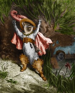 O gato do porta-bagagens pede ajuda. Gravura de Gustave Dore (1832-1883) de "The Tales" de Charles Perrault (1628-1703) de Gustave Dore
