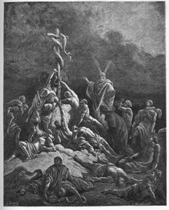 A serpente descarada - "A cobra descarada" - livro do Êxodo (nahash), a transformação do pau de Moisés em serpente - Moisés e a serpente descarada - - gravura em "A ilustração bíblica" de Gustave Dore (1832-1883) - Gravura de "The Dore Bi de Gustave Dore