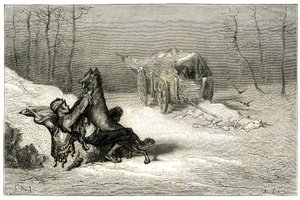 O bandido Agostin é atacado por um lobo, perto do cavalo morto ainda alcançado na carroça abandona os comediantes, ou esconde a pequena Chiquita. Gravura de Gustave Dore ilustrando o romance de Theophile Gautier "Le capitaine Fracasse", edição Charpentier  de Gustave Dore