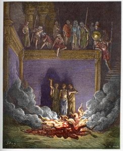 A fornalha ardente (os três filhos da Babilónia, os três jovens hebreus ou os três jovens) Ananias, Azarias e Misael precipitam-se numa fornalha ardente porque se recusam a curvar-se diante da estátua do rei da Babilónia - Os Três Jovens na Fornalha de Gustave Dore