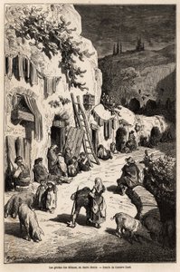 As grutas (casas subterrâneas) dos ciganos, em Sacro Monte, em Granada. Desenho de Gustave Dore (1832-1883), para ilustrar a sua viagem à Espanha em 1862, acompanhado por Ch.Davillier. Gravura em "Le tour du monde", editado por Edouard Charton de Gustave Dore