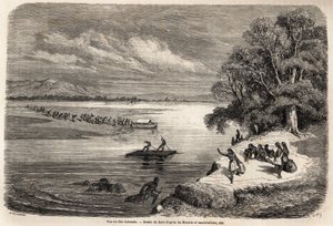 A travessia do Rio Colorado em jangada, acompanhada por alguns índios Mohaves, desenhada por Gustave Dore (1832-1883), para ilustrar a viagem do Mississippi ao Oceano Pacífico em 1853-54 por Baudouin Mollhausen (1825-1905). Gravura em "Le tour du de Gustave Dore