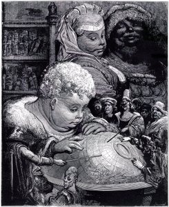 A educação de Gargantua: a criança gigante estuda um globo com seus professores, sob os olhos de seus pais de Gustave Dore