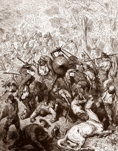 A luta volta a ser travada com os muletários de Yanguas Engraving de Gustave Dore (1832-1883) por "The Ingenieux Hidalgo Don Quixotte de la Manche (Quixotte - Quijote)" de Miguel de Cervantes (1547-1616) 1863 Colecção privada de Gustave Dore