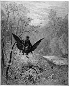 O hipogrifo, escalado pelo cavaleiro Ruggiero (Roger, Ruggero), chega a uma região risonha - Gravura de Gustave Dore ilustrando "O furioso Roland" de Ludovico Ariosto (1474-1533) dit l