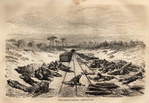 A hora de descanso em Argamasilla, os muitos trabalhadores ferroviários deitados nos trilhos, descansam a pleno sol. Gravura para ilustrar a viagem à Espanha de Gustave Dore (1832-1883), ilustrador e barão Ch. Davillier, em 1862, publicada em "Le tour du m de Gustave Dore