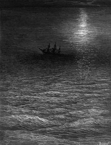 O navio abandonado em um mar ao luar, cena de "O Rime do Marinheiro antigo" por ST Coleridge, publicado pela Harper und Brothers, Nova York, 1876 (gravura em madeira) de Gustave Dore