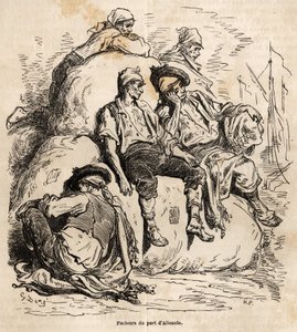 A sesta dos transportadores do porto de Alicante, esboço feito no animado Gustave Dore (1832-1883), para ilustrar a sua viagem à Espanha, em 1862, com Ch. Davillier. Gravura em "Le tour du monde", editado por Edouard Charton de Gustave Dore