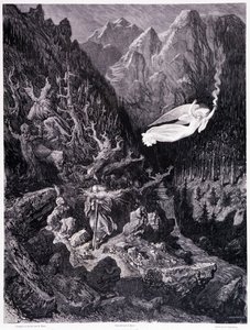O velho segurando uma bolsa e seu bastão caminhando numa paisagem hostil é superado por um anjo agitando uma lança de fogo, Placa VII - Ilustração de Gustave Dore (1832-1883), para La legende du Jewende wandering de Pierre Dupont, Edição Librairie du magas de Gustave Dore