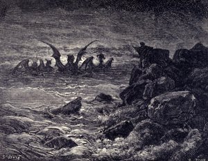 O profeta Daniel vê monstros a aparecer: Haniel, Kafziel, Azriel, Aniel. Gravura da Bíblia ilustrada por Gustave Dore. Século XIX de Gustave Dore