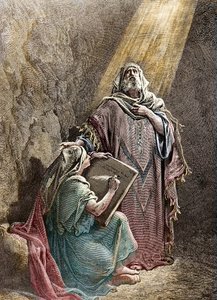 O profeta Jeremie ditando suas profecias a Baruc - Gravura colorida de Pannemacker, da Bíblia de Gustave Dore (1832-1883) - Jeremias (650-585 AC), profeta hebreu. Jeremias ditando suas profecias a Baruque. Gravura de Pannemaker, O Biblico de Gustave Dore