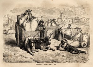 As tinajas do Canal, o uso destes enormes vasos de barro substitui o uso de barris e o seu uso é muito antigo. Gravura para ilustrar a viagem à Espanha do ilustrador Gustave Dore (1832-1883) e do Barão Ch. Davillier, em 1862, publicada em de Gustave Dore