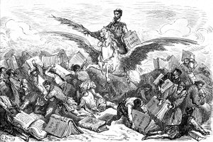 O escritor Cervantes monta num cavalo alado (Pegase), com o seu livro "Dom Quixote" e uma pena na mão, sobrevoando outros escritores que transportam (pesadamente!) os seus livros. Gravura de Gustave Dore ilustrando a edição Hachette de 1869 do livro "L