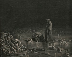Então, agarrando seu couro cabeludo impedido, gritei: Dê um nome a você, ou não um cabelo deve ficar aqui, c1890. de Gustave Dore