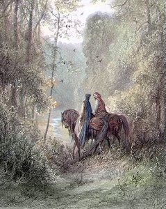 Eles perderam debaixo de bosques que pareciam ser um paraíso de flores (Guenièvre e Lancelot) - em "Guenièvre" de Alfred Tennyson, doente. de Gustave Doré Paris, Librairie Hachette et Cie de Gustave Dore