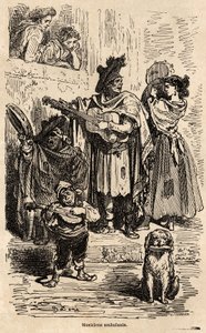 Músicos viajantes em Valência, desenho de Gustave Dore (1832-1883), para ilustrar sua viagem à Espanha com C.Davillier, em 1862. Gravura em "Le tour du monde", editado por Edouard Charton de Gustave Dore