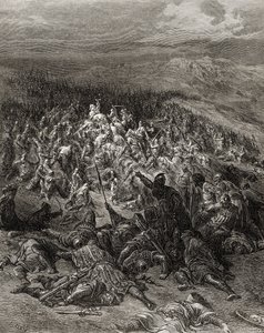 Dois cem cavaleiros atacam vinte mil sarracenos, ilustração de &39;Bibliotheque des Croisades&39; por JF. Michaud, 1877 de Gustave Dore
