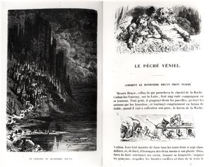 Duas páginas ilustradas de "Les Contes Drolatiques" por Honore de Balzac (1799-1850) gravada por Heliodore Joseph Pisan (1822-90) de Gustave Dore