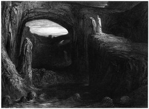 Virgílio (70-19 aC) e Dante entrando no Inferno, ilustração da "Divina Comédia" (Inferno) de Dante Alighieri (1265-1321) Paris, publicada em 1885 de Gustave Dore