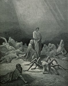 Virgílio (70-19 aC) e Dante olhando para a mulher-aranha, ilustração da "Divina Comédia" (Inferno) de Dante Alighieri (1265-1321) Paris, publicada em 1885 de Gustave Dore