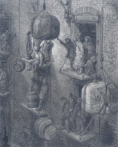 Armazéns na cidade de Londres. De Gustave Dore e Blanchard Jerrold London: A Pilgrimage London 1872. de Gustave Dore