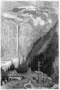 Cascata do Cirque de Gavarnie vista da estalagem: gravura de Gustave Dore ilustrando o livro "Voyage aux Pyrenees" de Hippolyte Taine, Hachette 1860. de Gustave Dore