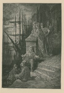 Família do Waterman em um lance de escadas pelo rio Tamisa de Gustave Dore