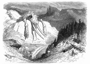 gravura de Gustave Dore por volta de 1850: evocação de um dilúvio apocalítico na sequência do qual vários animais monstruosos caíram na montanha. Ilustração do livro de Hippolyte Taine "Viagem aos Pirinéus", em que a presença de ossos fósseis de Gustave Dore