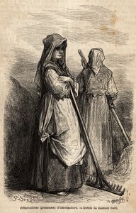 os respigadores de Estremadure, com seus grandes ancinhos de madeira para recolher a parte da colheita que foi esquecida nos campos após a colheita. Gravura para ilustrar a viagem a Espanha de Gustave Dore (1832-1883) ilustrador e Barão Ch. Davillier reage de Gustave Dore