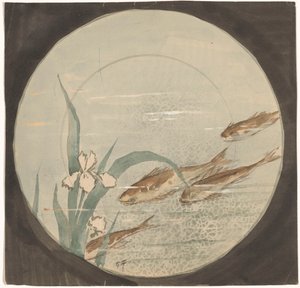 Design para um prato com quatro peixes marrons nadando para cima perto de uma íris branca de Gustave Fraipont (signed by artist)