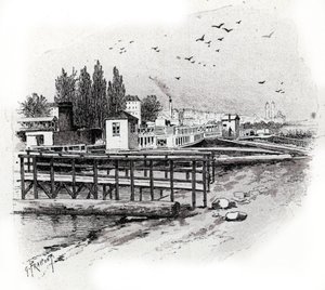 Atelier de repparation des bateau omnibus (Bateau-bus) à Paris (Autocarros aquáticos (barcos de transporte marítimo) oficinas de reparação no rio Sena em Paris) Desenho de Gustave Fraipont (1849-1923) tira de "La seine a travers Paris" de Saint-Juirs de Gustave Fraipont