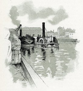 Atracação de barcos no porto de La Villette, Paris (Barcos no porto de La Villette, Paris) Desenho de Gustave Fraipont (1849-1923) Desenho de "La seine a travers Paris" de Saint-Juirs de Gustave Fraipont