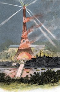 Torre Eiffel iluminada durante a feira mundial em Paris 1889 Desenho de Gustave Fraipont (1849-1923) desenha de "La seine a travers Paris" de Saint-Juirs