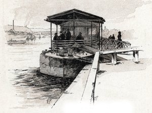 Embarcadere des Bateaux-mouches (Embarcadere des Bateaux-mouches) sur la Seine, Paris (Vista do cais de barcos turísticos no rio Sena, Paris) Desenho de Gustave Fraipont (1849-1923) desenhos de Saint-Juirs "La seine a travers Paris" de Gustave Fraipont