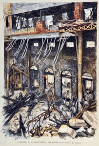 Incêndio da Ópera Comique (Opera-Comique) em Paris, em 25 de Maio de 1887, durante a interpretação do primeiro acto de "Mignon" de Ambroise Thomas. As ruínas interiores. Ilustração de Gustave Fraipont (1849 -1923) Gravação de 1887 em "Paris-Illustrous jour de Gustave Fraipont