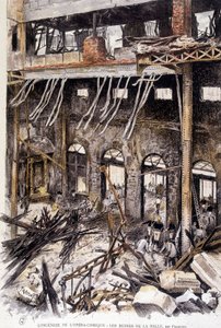 Bombeiros que trabalham nas ruínas da sala da ópera comique de Paris após o incêndio, de Fraipont