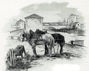 Horses de haulage, quai de la Gironde, Villette (Cavalos utilizados para rebocar os barcos do canal saint-denis, quai de la gironde, Villette Paris) Desenho de Gustave Fraipont (1849-1923) de Saint-Juirs de Gustave Fraipont
