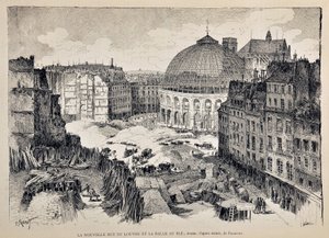 A nova Rue du Louvre e o Halle au Ble em Paris em 1887. ilustração de Gustave Fraipont (1849 - 1923). Gravura de 1887 no "Paris-Illustrous journal weekly". de Gustave Fraipont