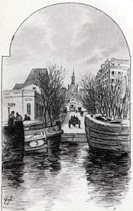 Vista do Hospital Saint-Louis em Paris do canal Saint-Martin, Paris Desenho de Gustave Fraipont (1849-1923) de Saint-Juirs "La seine a travers Paris" de Gustave Fraipont