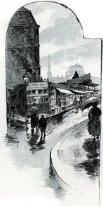 Vista dos brocantes na esquina da rue de la bucherie em Paris (Lojas de segunda mão na rue de la Bucherie, Paris) Desenho de Gustave Fraipont (1849-1923) Desenhos de "La seine a travers Paris" de Saint-Juirs de Gustave Fraipont