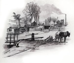Vista do canal Saint-Denis e quai de la Gironde a la Villette, Paris (Vista do canal Saint Denis e quai de la Gironde no distrito de Villette, paris) Desenho de Gustave Fraipont (1849-1923) a partir de Saint-Juirs de Gustave Fraipont