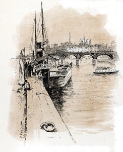 Vista da empresa Seine et Thames cujos barcos ligam Paris e Londres Desenho de Gustave Fraipont (1849-1923) desenha a partir de "La seine a travers Paris" de Saint-Juirs de Gustave Fraipont