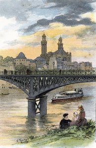 Vista da ponte pedonal de Passy (agora ponte de Bir Hakeim) em Paris Desenho de Gustave Fraipont (1849-1923) a partir de Saint-Juirs
