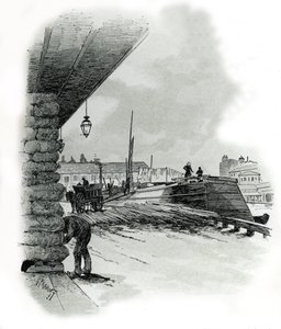 Vista dos hangares do porto de La Villette em Paris (Casas de barco e barracão do porto de La Villette, Paris) Desenho de Gustave Fraipont (1849-1923) Desenho de "La seine a travers Paris" de Saint-Juirs de Gustave Fraipont