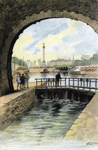 Vista da eclusa do Canal Saint Martin em Paris Desenho de Gustave Fraipont (1849-1923) de "La seine a travessa Paris" de Saint-Juirs de Gustave Fraipont