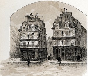 Vista das casas antigas de Pont-Neuf em Paris (Casas antigas na ponte Pont Neuf, Paris) Desenho de Gustave Fraipont (1849-1923) a partir de Saint-Juirs