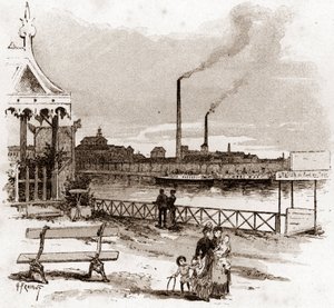 Vista do quai de Javel em Paris, actuel quai André-Citroen (Vista do quai Andre Citroen antigamente quai de Javel, Paris) Desenho de Gustave Fraipont (1849-1923) desenha de "La seine a travers Paris" de Saint-Juirs